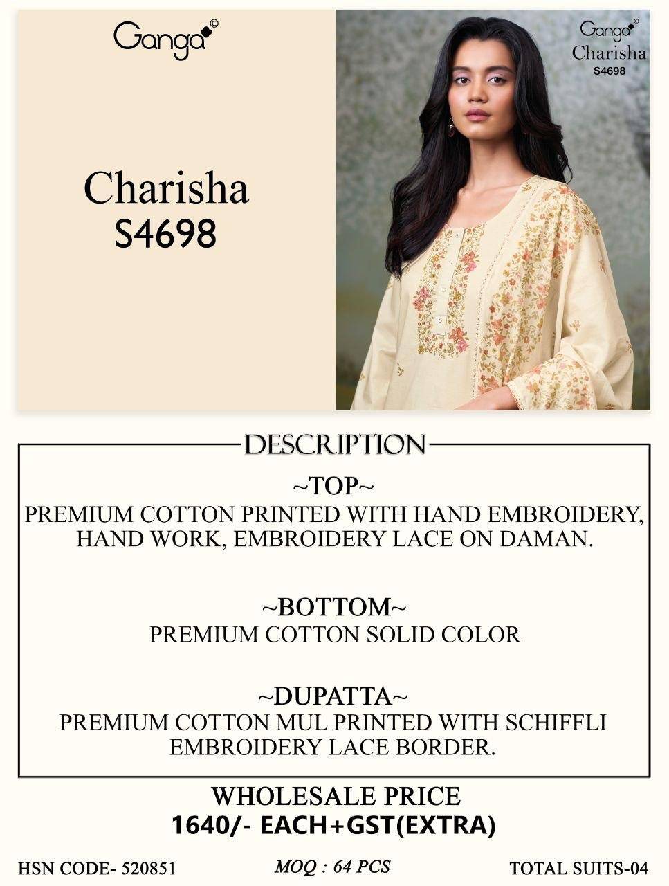 CHARISHA 4698 By Ganga Fashion 4698 A TO 4698 D Beautiful Festive Suits Stylish Colorful Fancy Casual Wear & Ethnic Wear PREMIUM COTTON Dresses At Wholesale Price